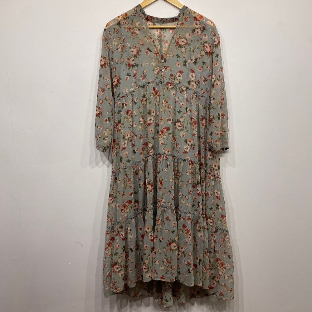Zara Green Floral Long Sleeve Sheer Cottagecore Maxi Dress‎ with Slip Small